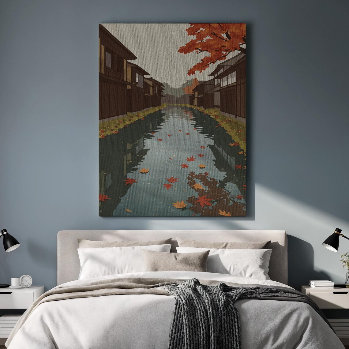 Japanese Canal Autumn Maple Leaves Peaceful Street Scene Poster