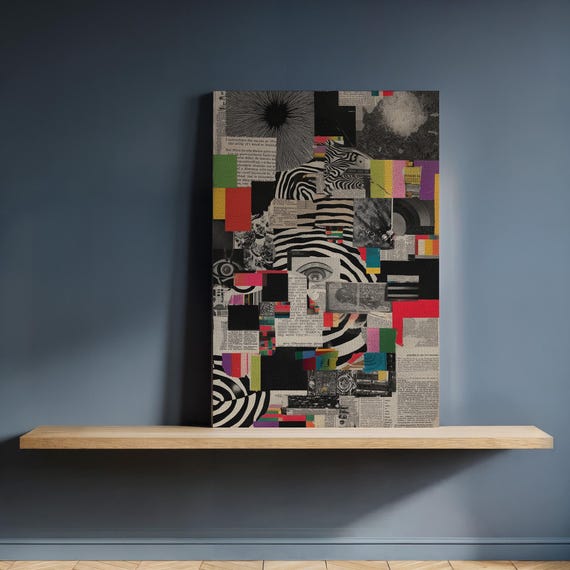 Framed Collage Canvas Wall Art Abstract Newspaper Print With Eye And Color Blocks Pop Modern Decor For Creative Or Eclectic Homes