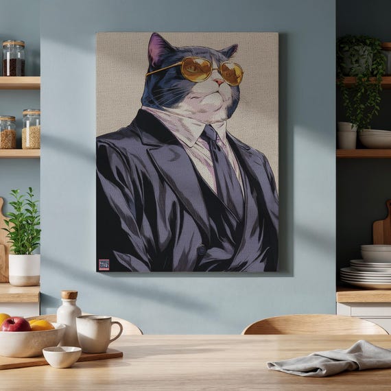 Framed Cat In Suit Canvas Wall Art Cool Feline Sunglasses Pop Culture Print Funny Pet Portrait For Modern Office Or Giftable Decor