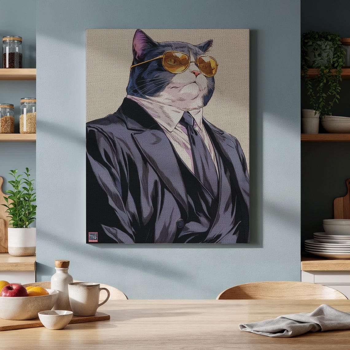 Cool Cat In Black Suit And Gold Sunglasses Funny Portrait Poster