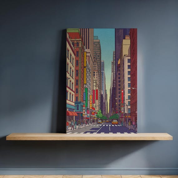 Colorful City Street Canvas Wall Art Vibrant Urban Illustration With Skyscrapers And Pedestrians Modern Cityscape Decor For Home Or Office