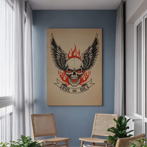 Ride Or Die Skull Canvas Wall Art Biker Flame With Wings Tattoo Style Motorcycle Decor Framed Rebel For Garage Man Cave