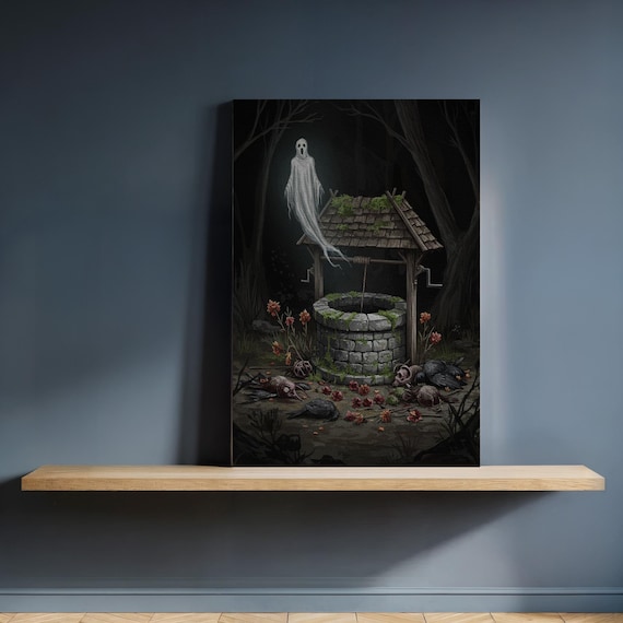 Haunted Forest Well Canvas Wall Art Ghostly Apparition And Skull Scene Framed Gothic Horror Painting For Spooky Dark Home Halloween Decor