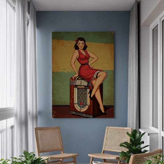 Retro Pinup Girl Canvas Wall Art Vintage 50s Woman On Jukebox Red Polka Dot Dress Framed Nostalgic Decor For Lovers Music Spaces