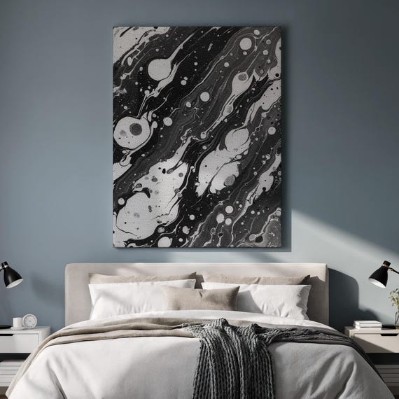 Black And White Marbled Canvas Wall Art Monochrome Abstract Fluid Pattern Framed Modern Print For Minimalist Kitchen Or Bold Home Decor