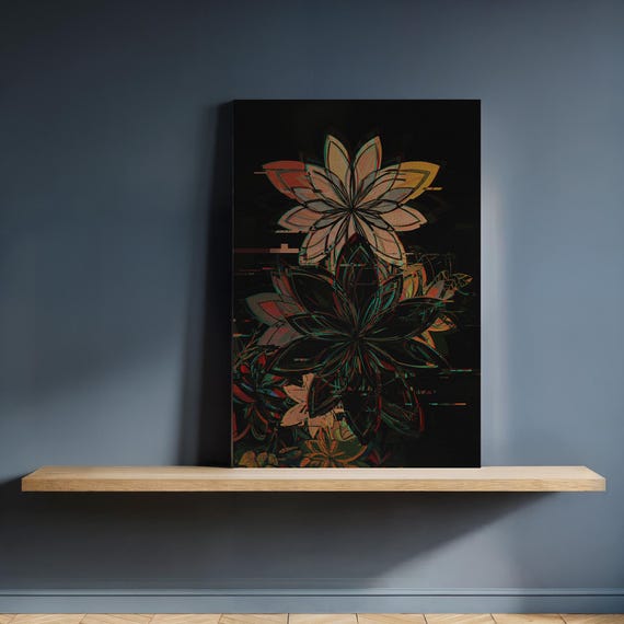 Framed Dark Glitch Floral Canvas Wall Art Multilayer Abstract Flower Print Moody Boho Botanical Artwork For Modern Kitchen Or Hallway