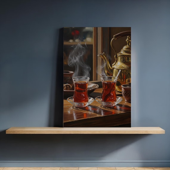 Turkish Tea Still Life Steaming Glasses Brass Teapot Art Poster