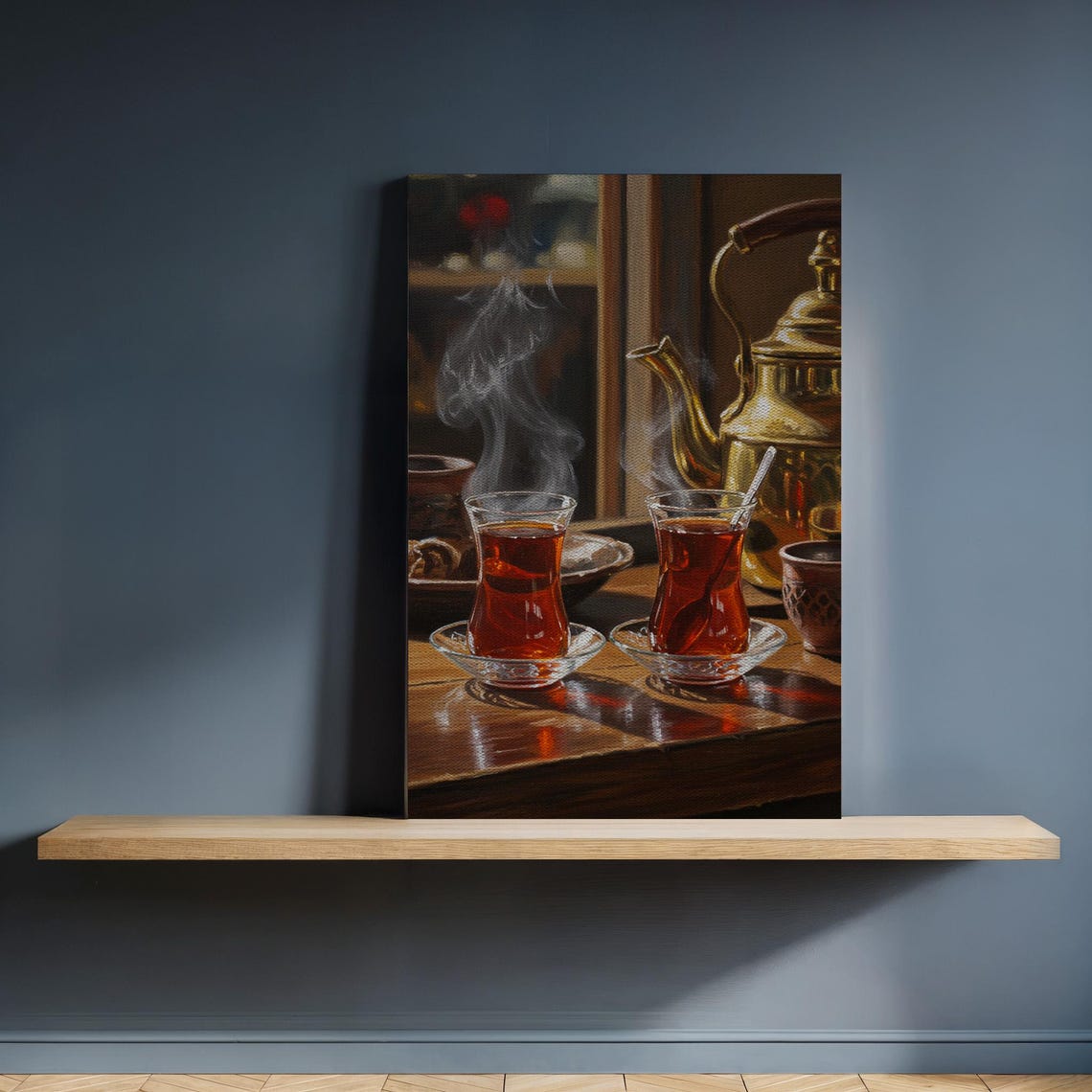 Turkish Tea Still Life Steaming Glasses Brass Teapot Art Poster