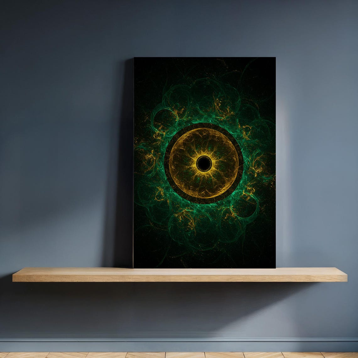 Framed Fractal Mandala Canvas Wall Art Green Gold Abstract Design Cosmic Eye Center Mystical Decor For Kitchen Or Modern Spaces