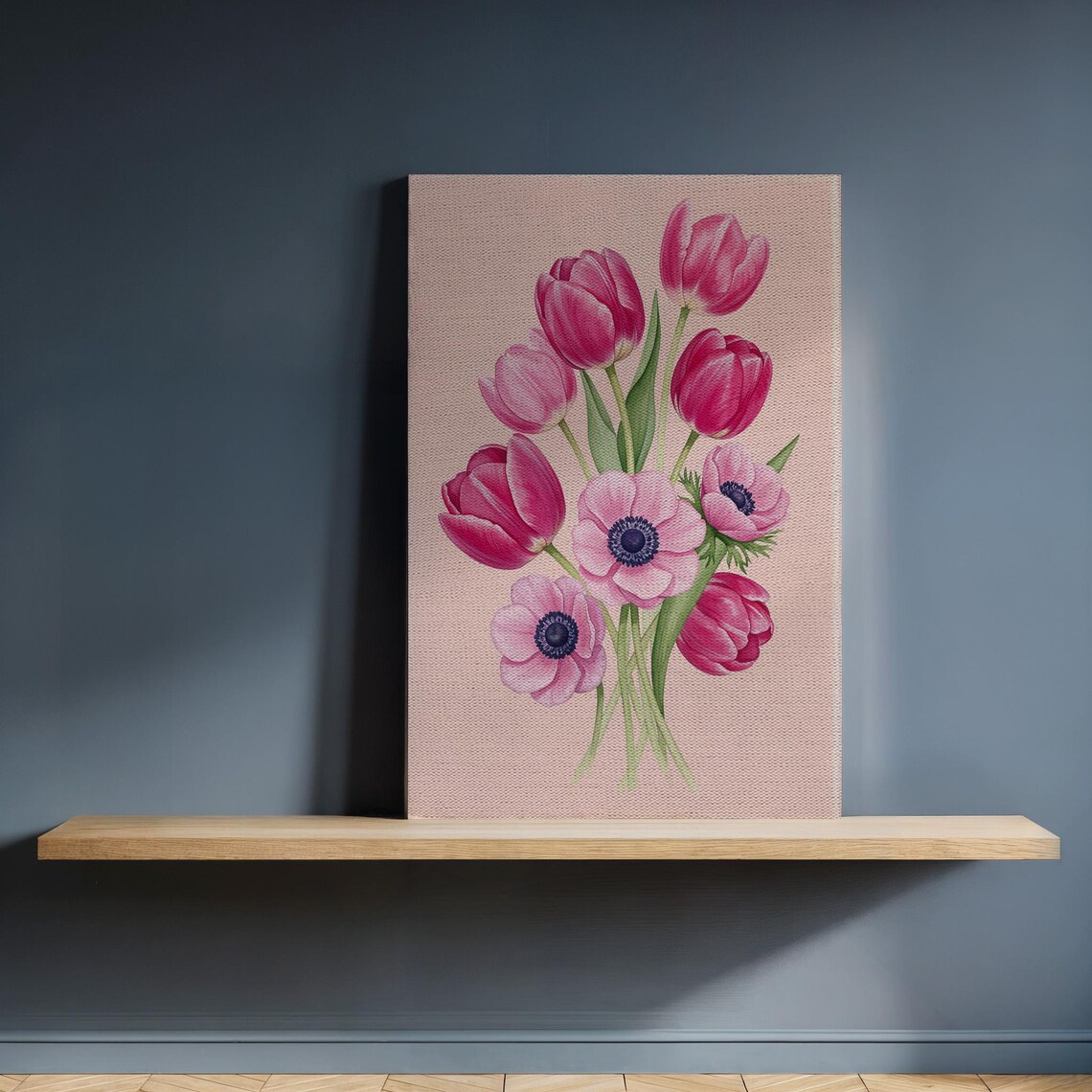 Pink Tulips Anemones Bouquet Botanical Floral Painting Spring Art Poster