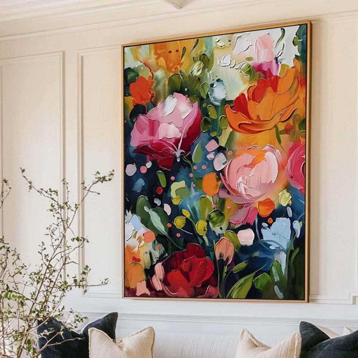 Bold Pink Red Poppy Bloom Abstract Floral Impasto Canvas Art Poster