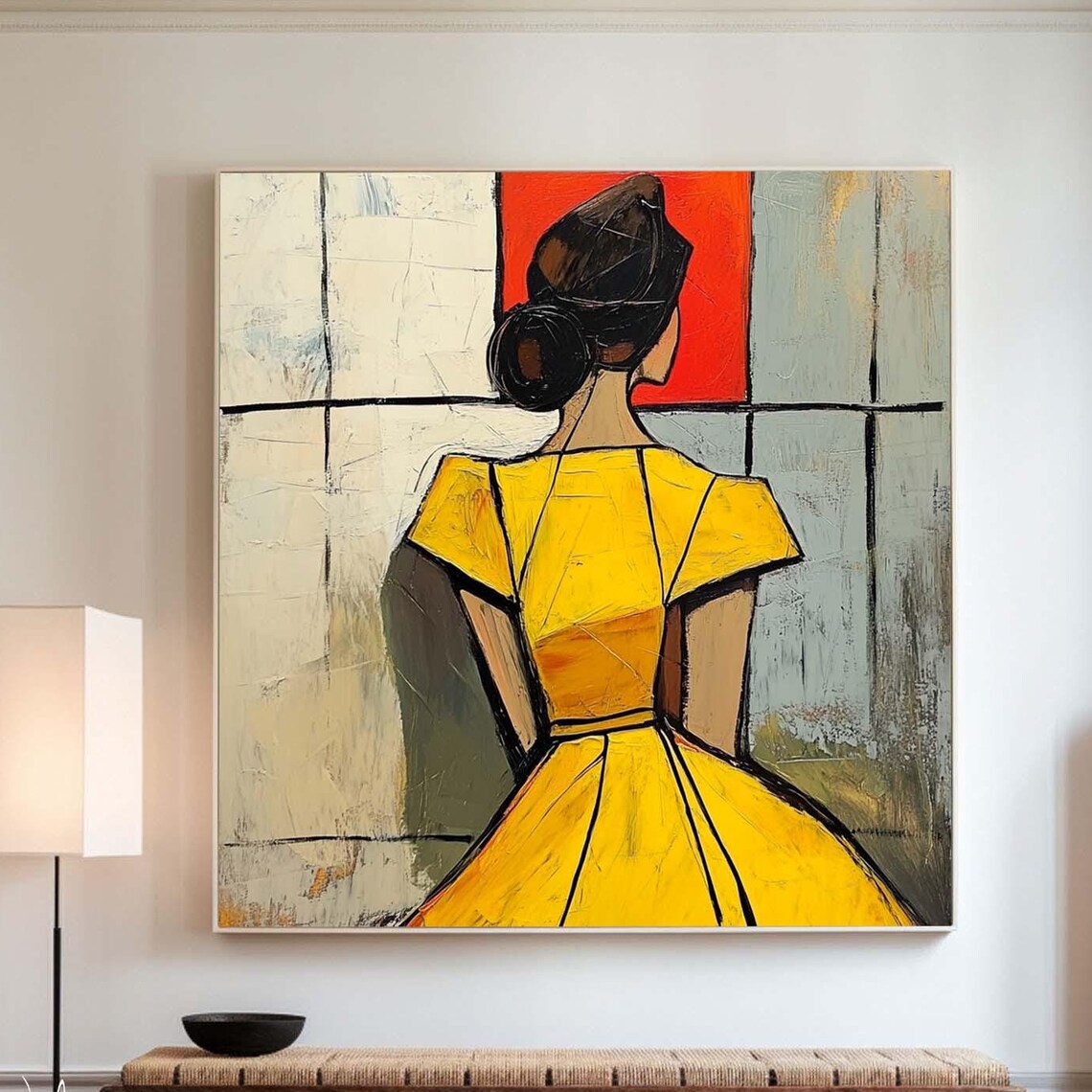 Abstract Woman Back View Yellow Dress Modern Figurative Art Poster
