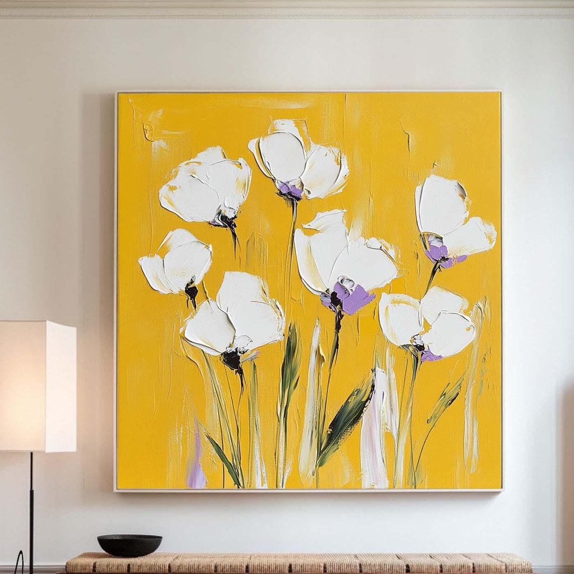 White Anemone Flowers Bold Yellow Background Texture Art Poster