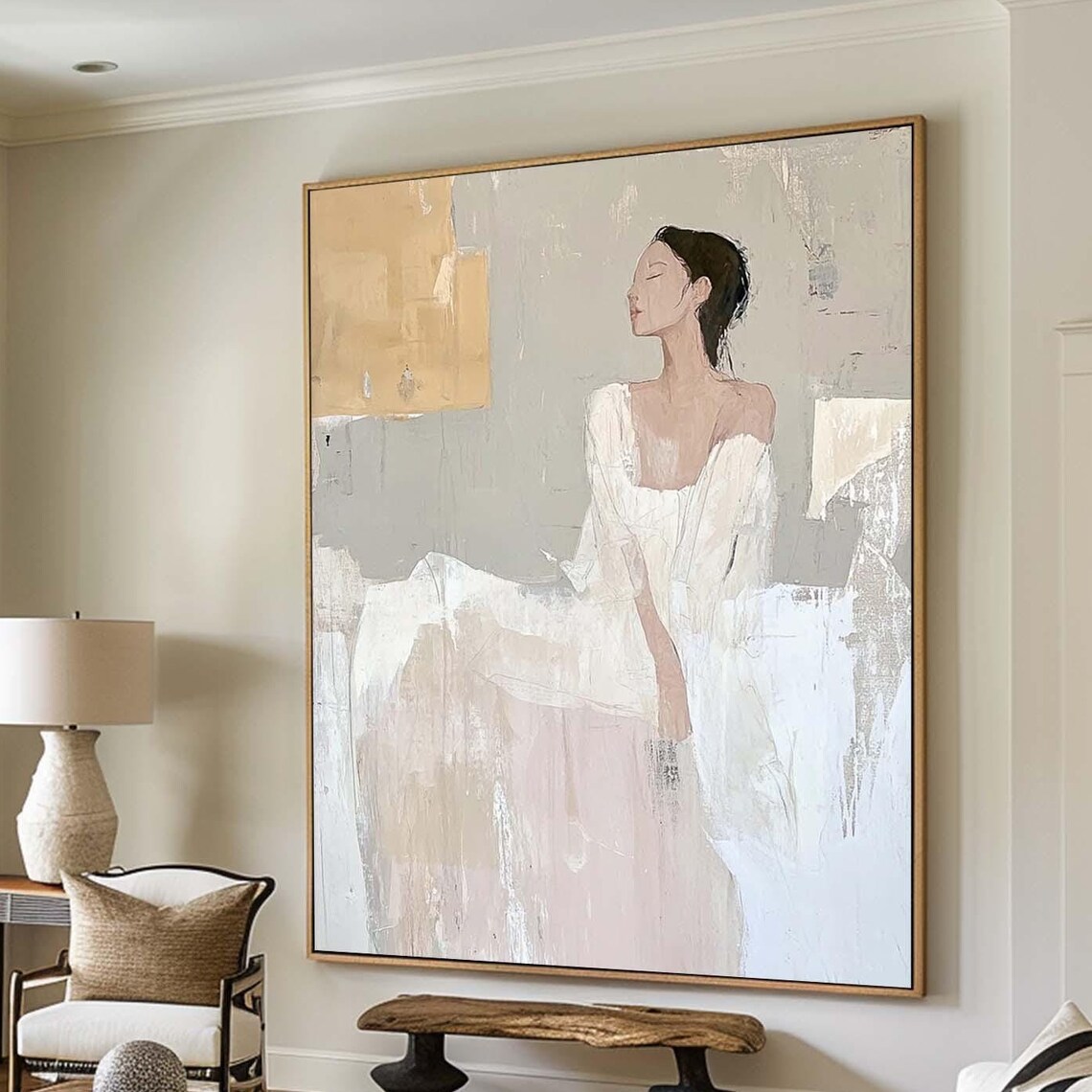 Elegant Woman White Dress Profile Neutral Beige Modern Figure Painting Wall Art