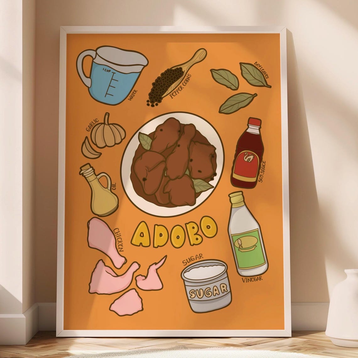 Adobo Filipino Recipe Illustrated Kitchen Orange Wall Poster