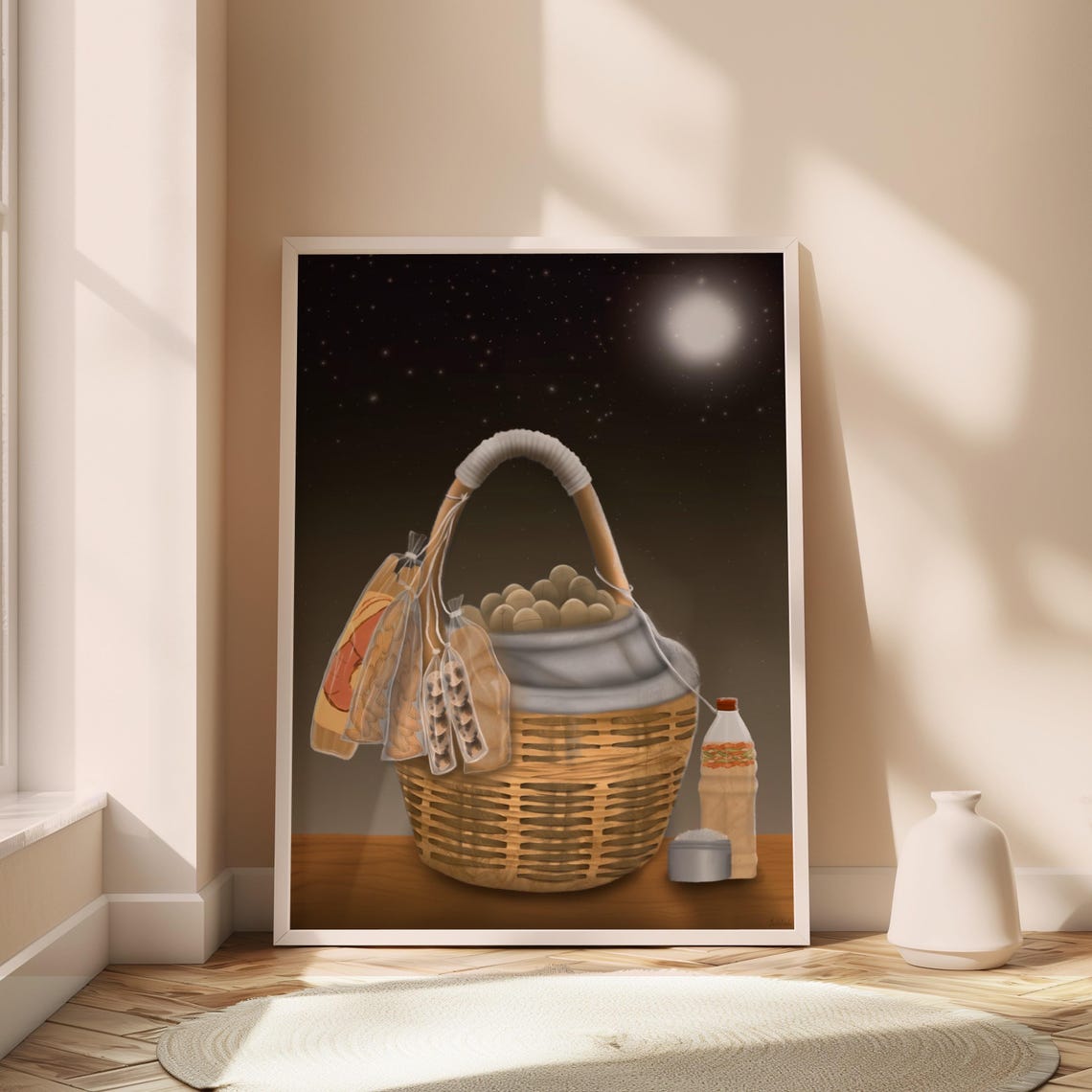 Night Market Basket Full Moon Illustration Warm Kitchen Wall Art