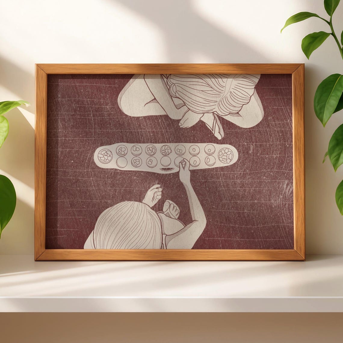Two Women Playing Mancala Seed Game Burgundy Line Art Wall Print
