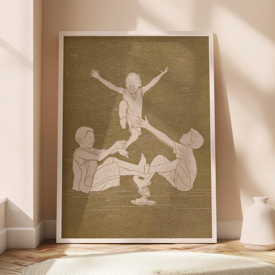 Filipino Children Playing Line Art Olive Heritage Wall Poster