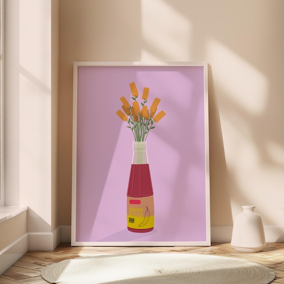 Banana Ketchup Bottle Vase Flower Bouquet Lavender Art Poster