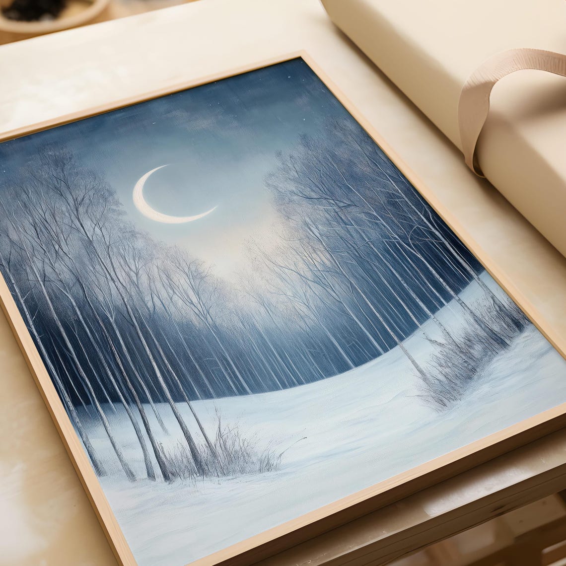 Glowing Crescent Moon Over a Snowy Winter Birch Forest Poster - Image 5