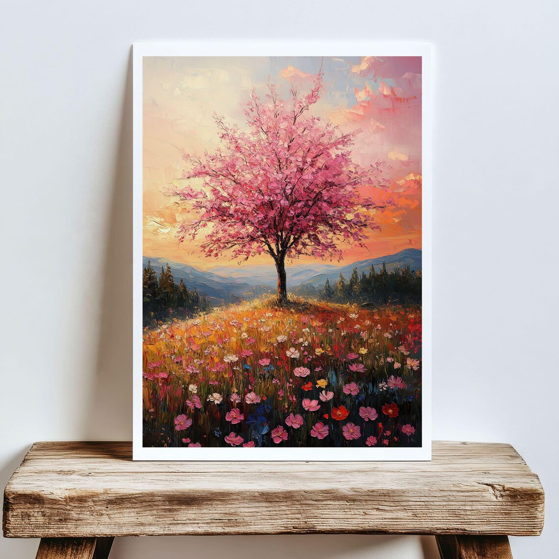 Cherry Blossom Tree Sunset Wildflower Field Mountain Glow Spring Art Poster - Image 5