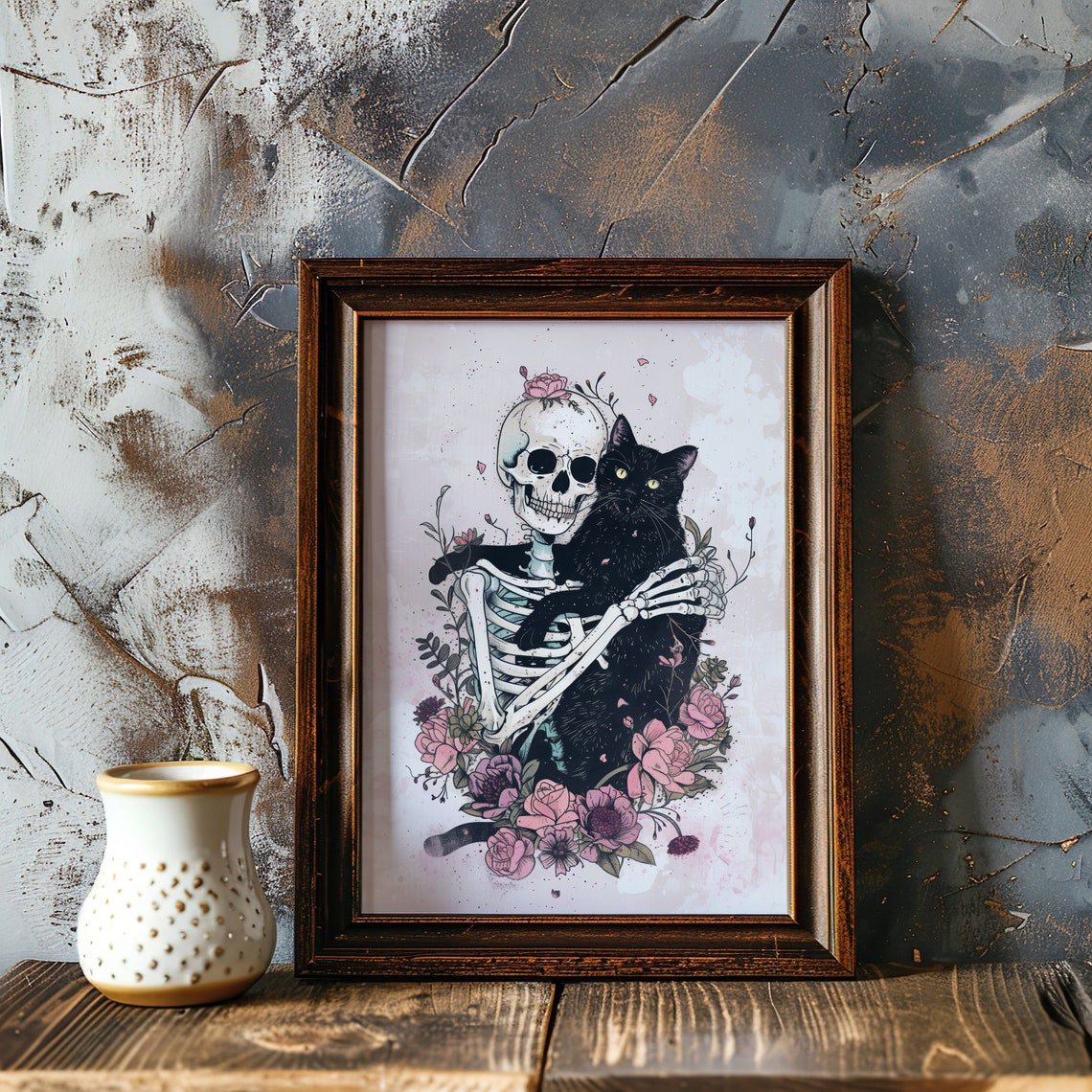 Gothic Skeleton Hugging Black Cat Dark Floral Illustration Print - Image 8