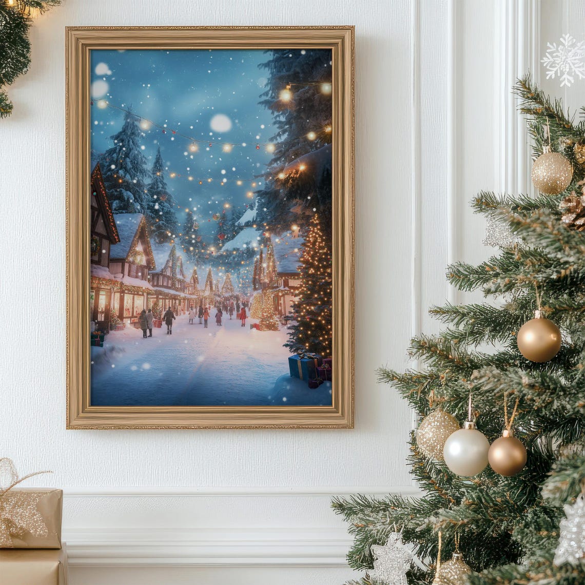 Christmas Village Art Winter Wonderland Printable Snowy Street Scene Holiday Season Wall Art Festive Town Decor Christmas Lights Print - Image 3
