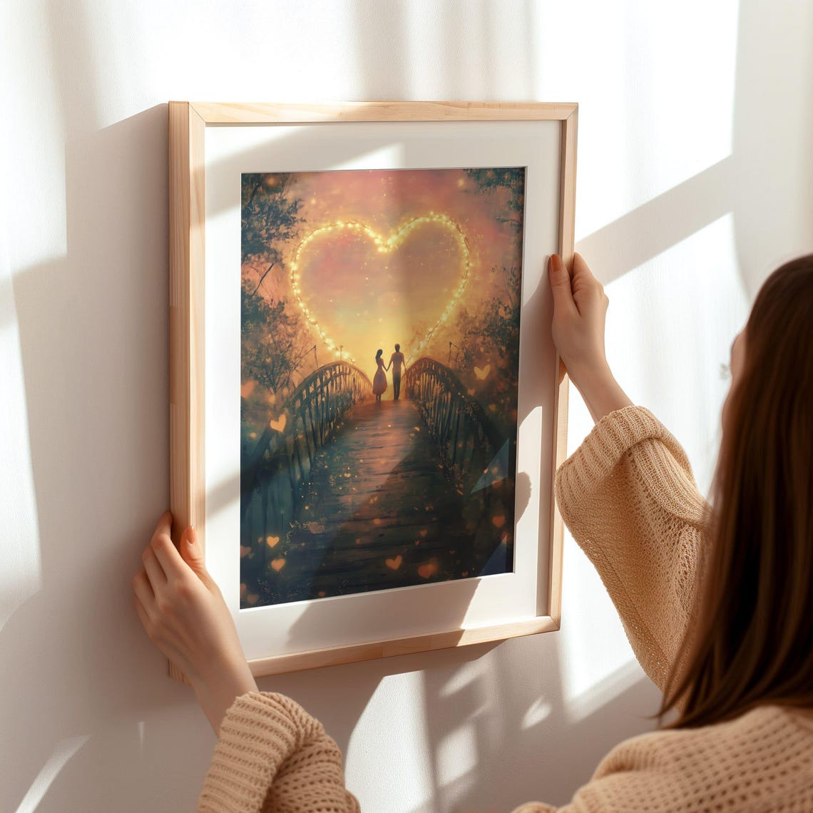 Romantic Couple On Bridge Beneath Heart Shaped Lights Art Poster - Image 3