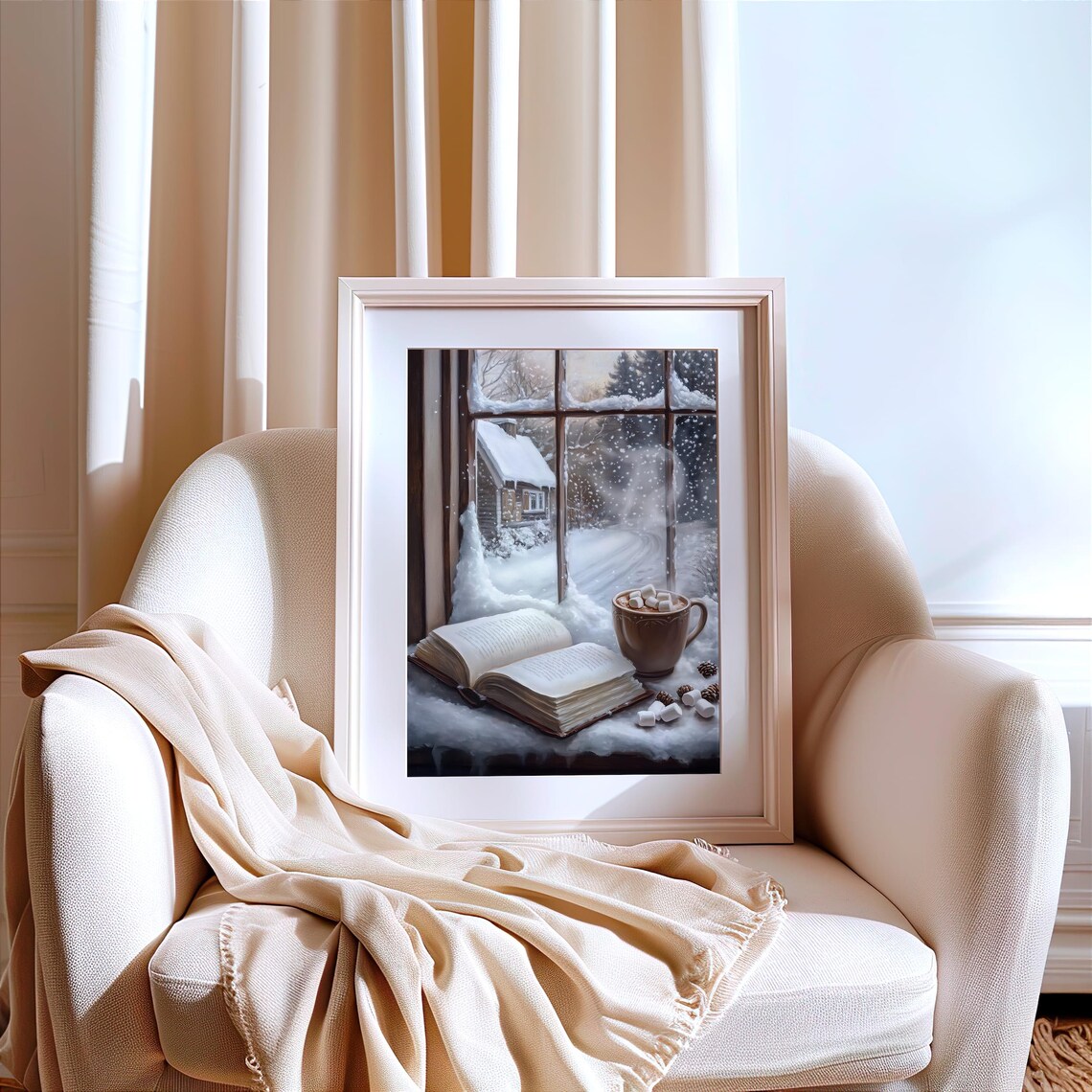 Winter Book Reading Art Print, Cozy Reading Nook - Image 2