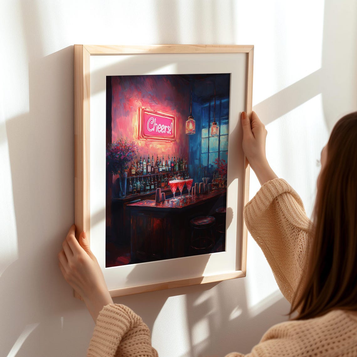 Cheers Neon Sign Over a Retro Cocktail Bar Night Scene Poster - Image 4