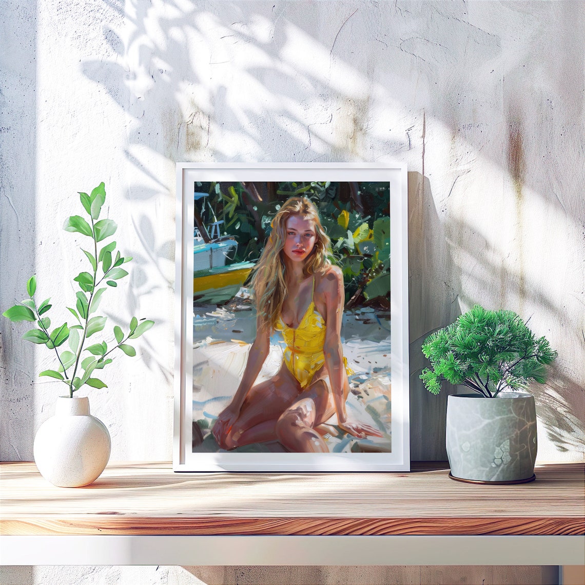 Woman in Yellow Swimsuit Tropical Beach Impressionist Art Poster - Image 4