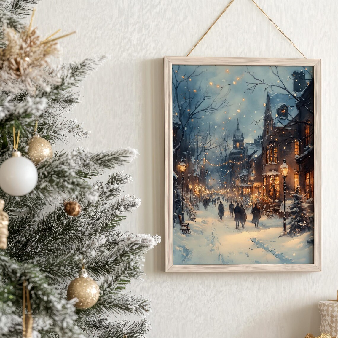 Winter Night Town Art Print, Snowy Street Holiday Decor - Image 7