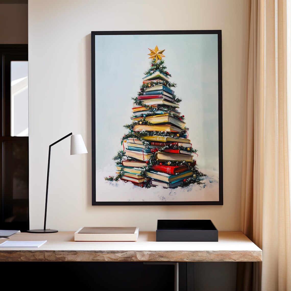 Christmas Tree Of Stacked Books Star Topper Holiday Art Poster - Image 2