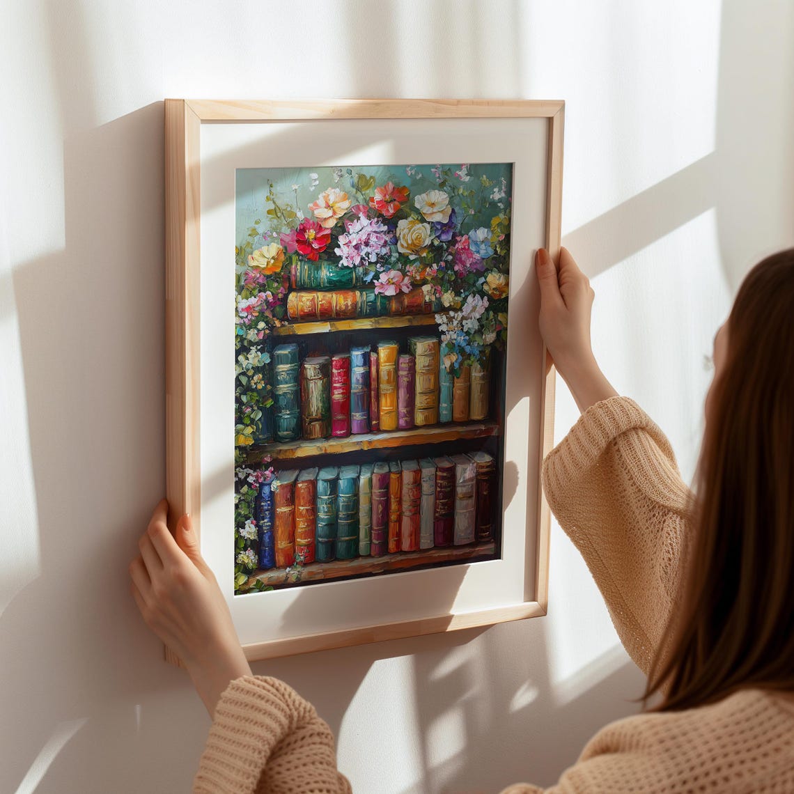 Vintage Bookshelf With Antique Books And Fresh Flowers Poster - Image 8