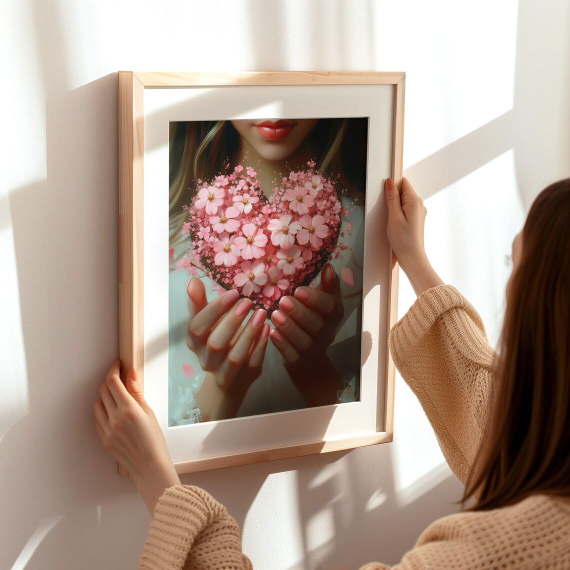 Woman Holding Heart Of Pink Flowers Romantic Floral Art Poster - Image 2