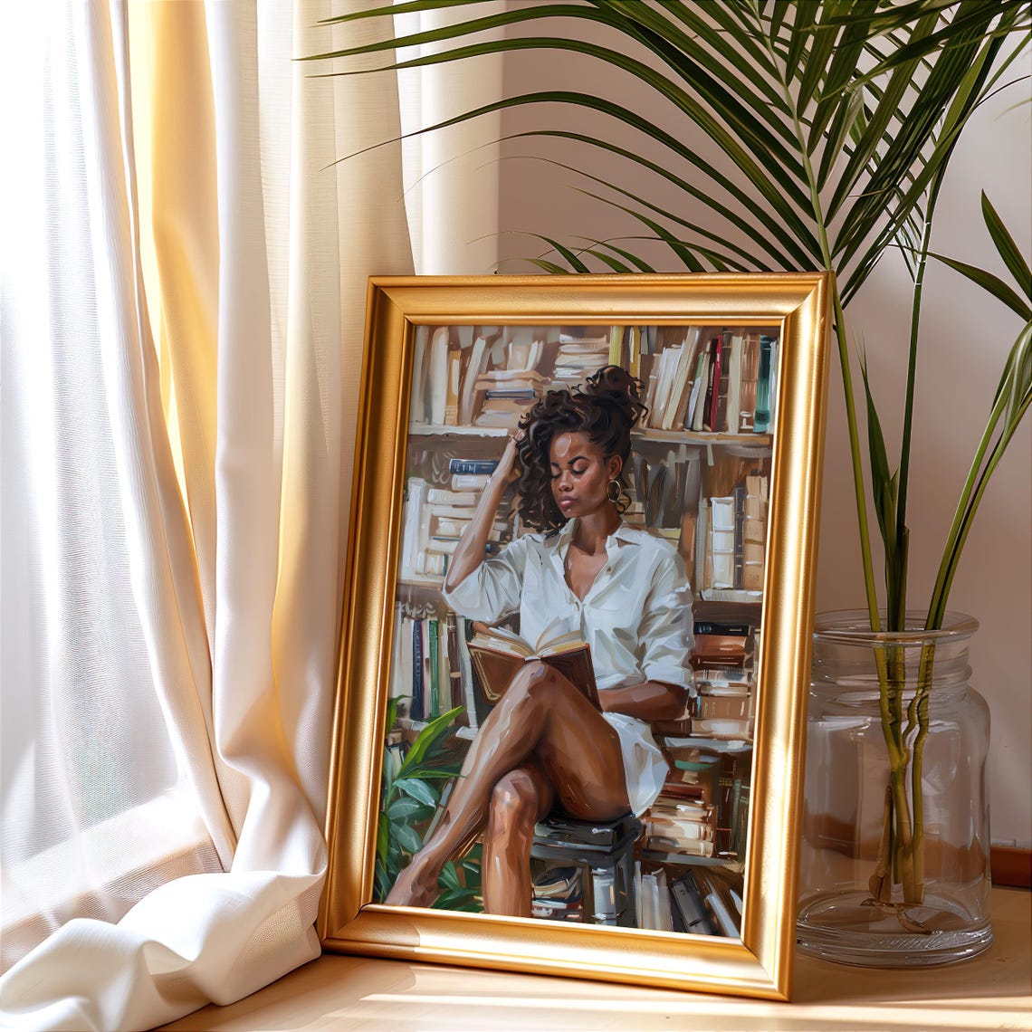 Black Woman Lost In Book Among Vintage Library Shelves Poster - Image 2