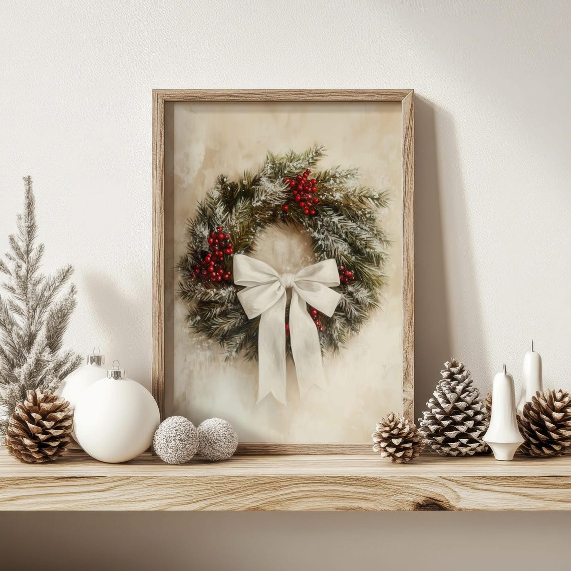 Vintage Christmas Wreath With White Bow Red Berries Pine Poster - Image 6