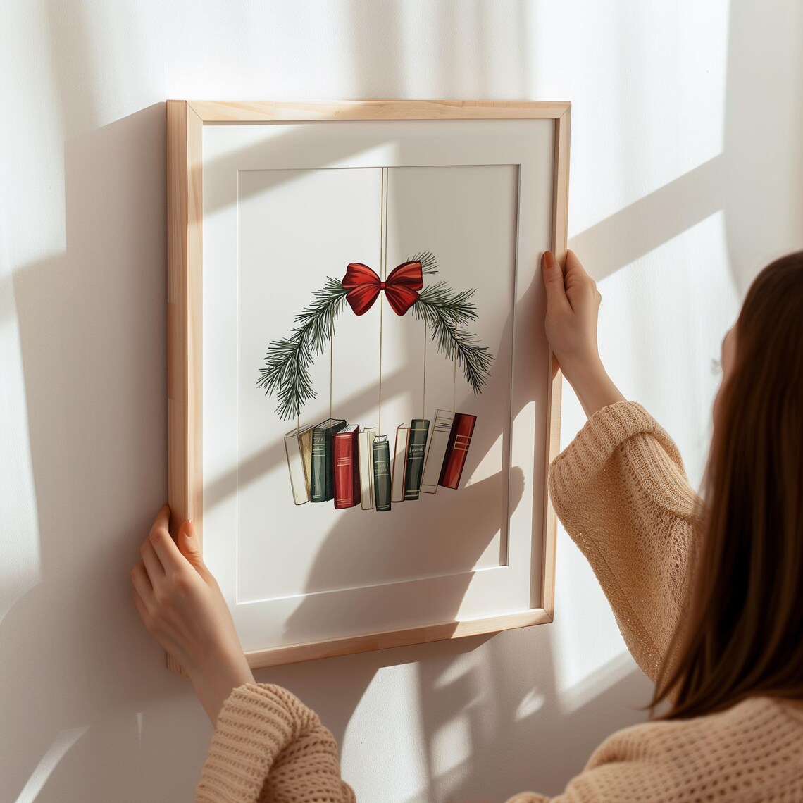 Christmas Book Wreath Hanging Books With Red Bow Holiday Decor Art Poster - Image 5