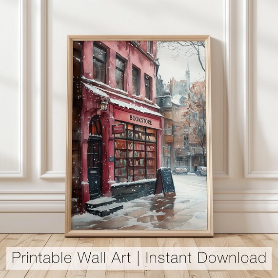 Red Bookstore Facade on a Snowy Winter Street Watercolor Poster