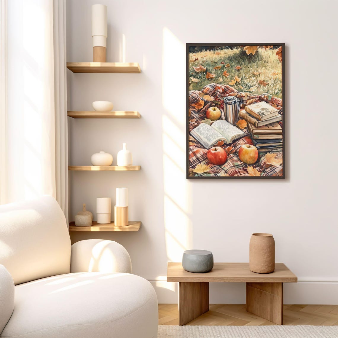 Autumn Picnic With Books Apples and Thermos Watercolor Poster - Image 3
