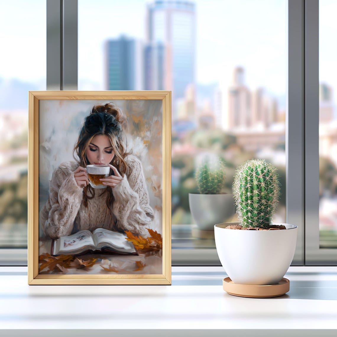 Woman In Knit Sweater With Coffee Cozy Autumn Reading Poster - Image 4