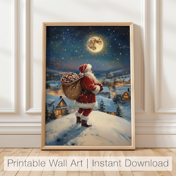 Santa Claus Christmas Night with Full Moon Art Print