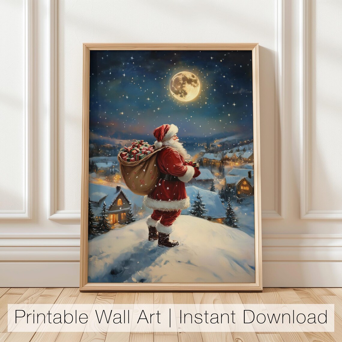 Santa Claus Christmas Night with Full Moon Art Print