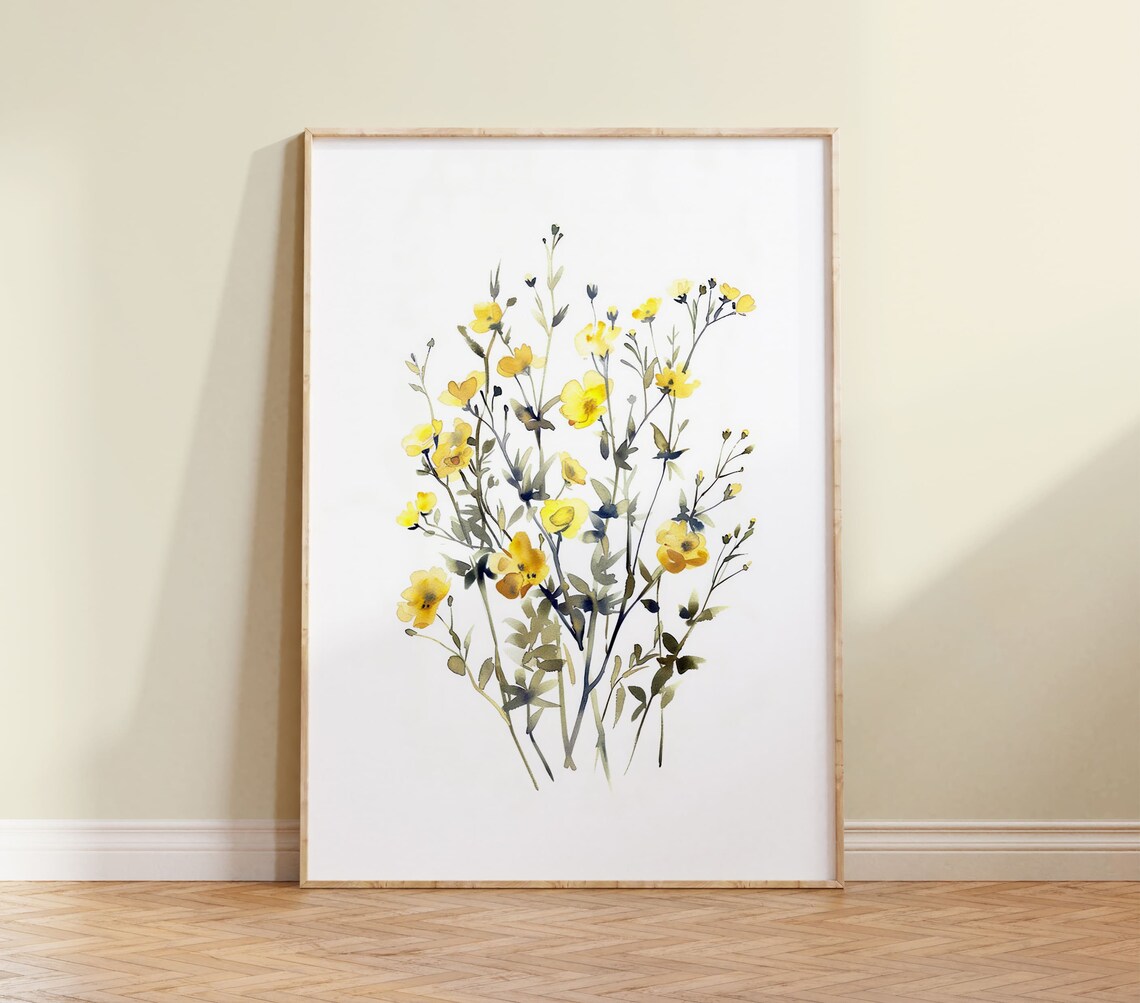Yellow Wildflowers Watercolor Botanical Minimalist Floral Poster