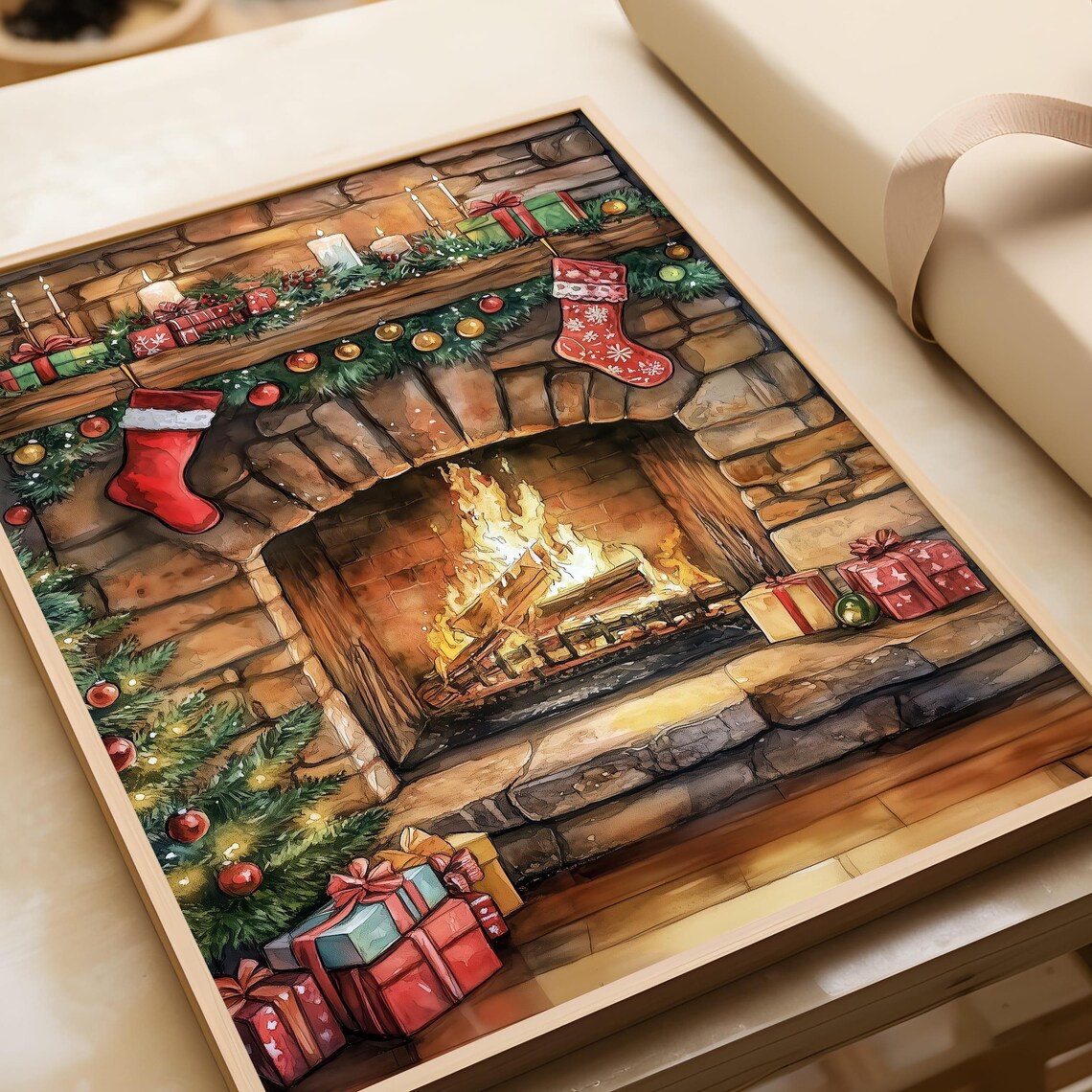Cozy Christmas Fireplace Stockings Watercolor Holiday Wall Poster - Image 4