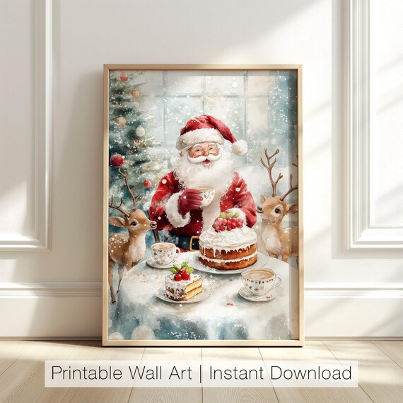 Santa Claus Tea Party With Reindeer Watercolor Christmas Poster
