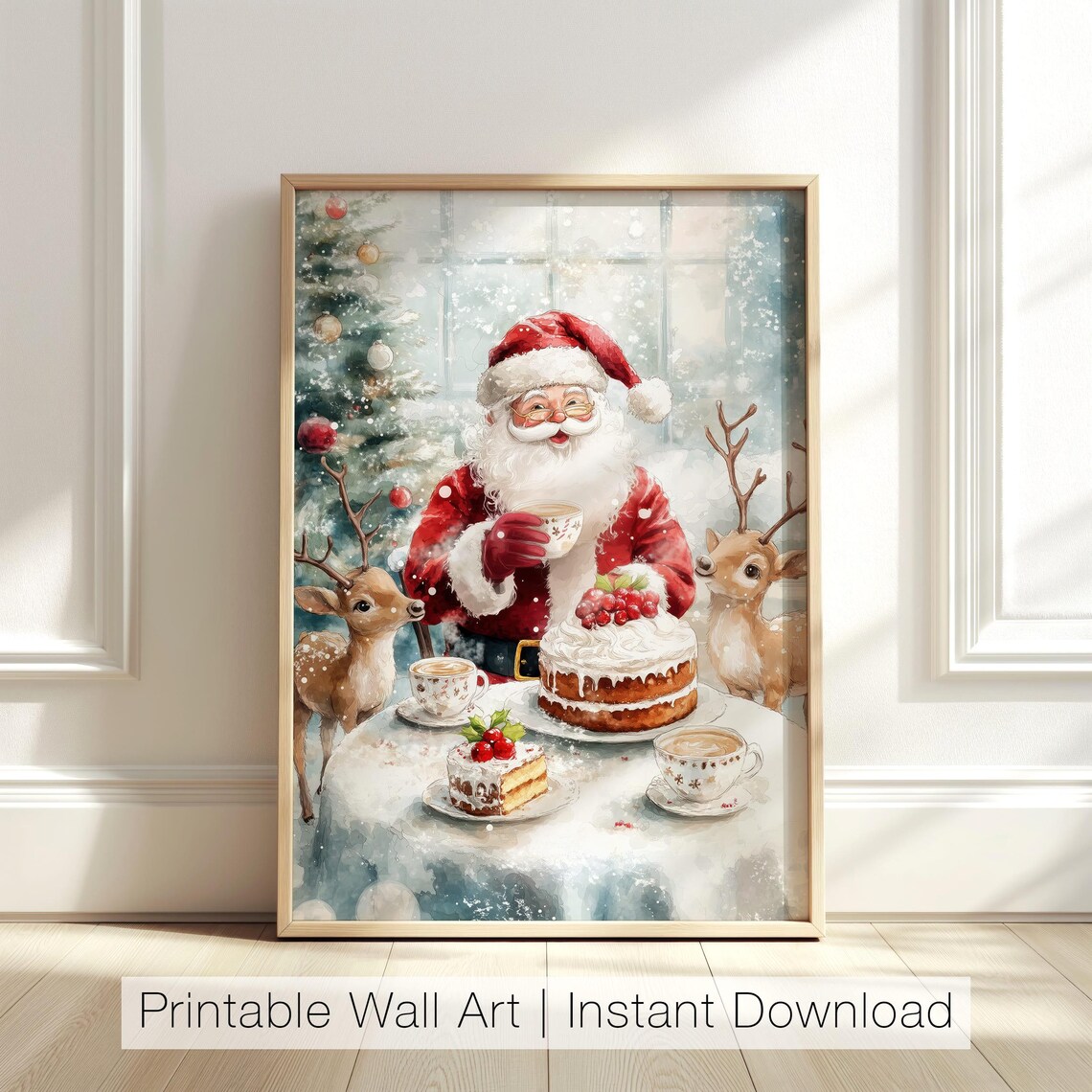 Santa Claus Tea Party With Reindeer Watercolor Christmas Poster
