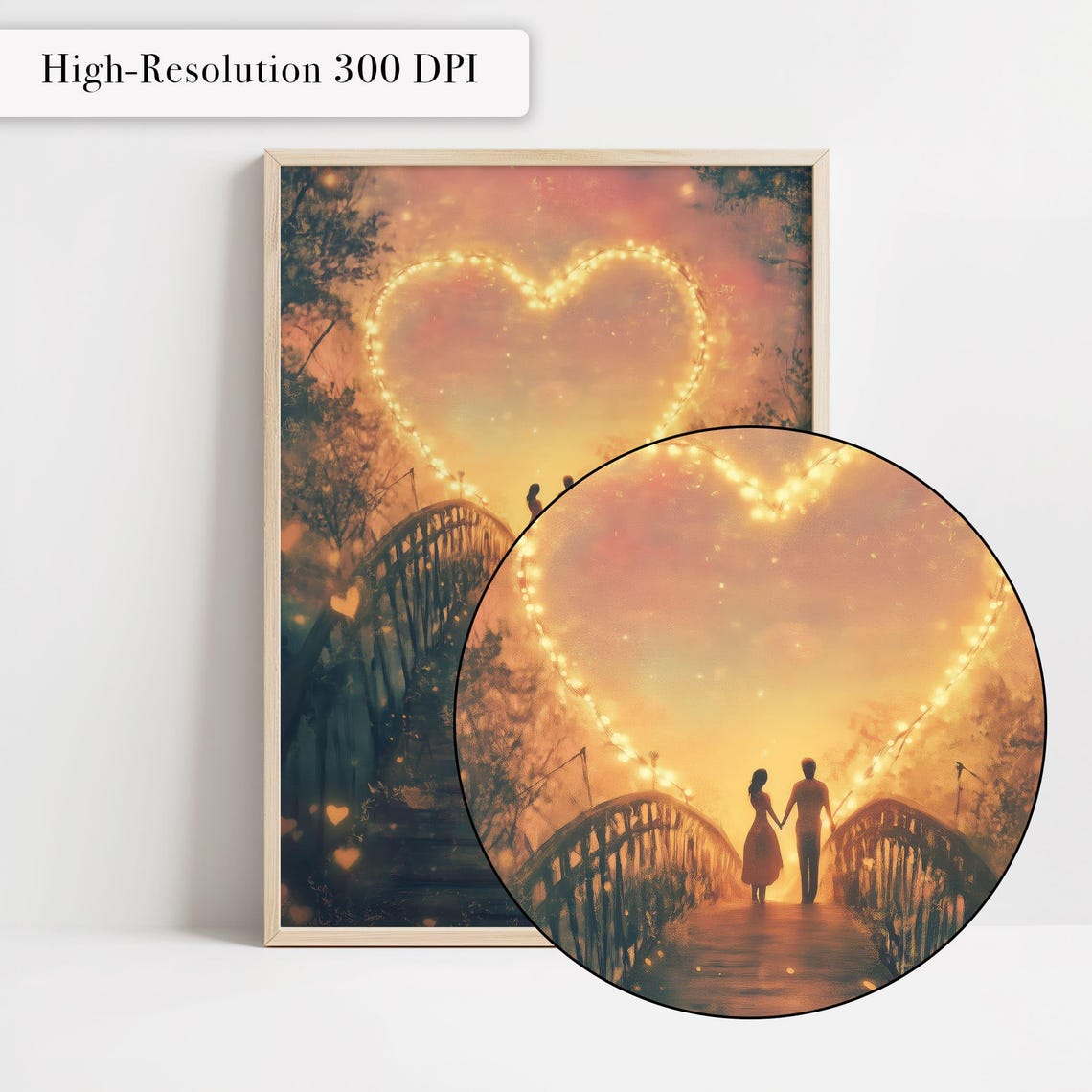 Romantic Couple On Bridge Beneath Heart Shaped Lights Art Poster - Image 4