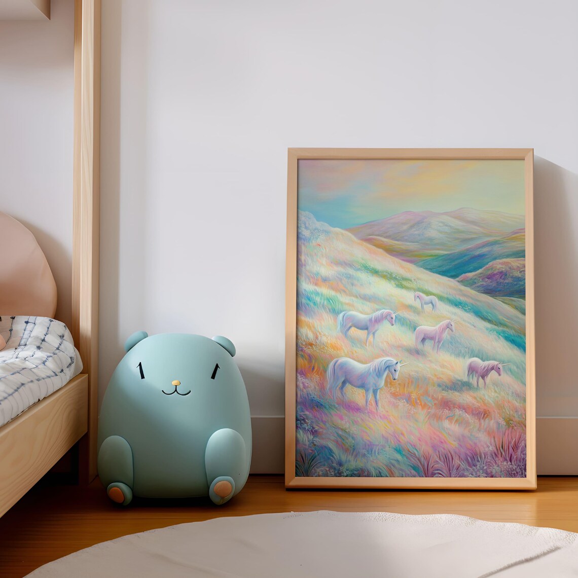 Pastel Unicorn Herd in Dreamy Rainbow Meadow Fantasy Landscape Poster - Image 2