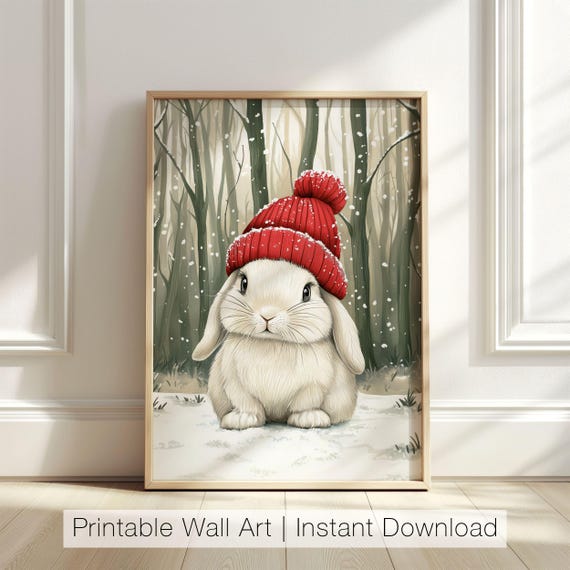 Winter Bunny Art Print Cute Animal Christmas Rabbit Wall Art Woodland Nursery Decor Winter Forest Print